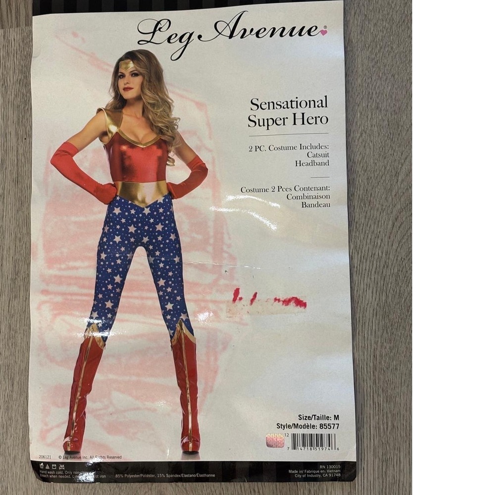 Leg Avenue Sensational Super Hero Costume Catsuit Headband 85577 Red Blue Star M - Picture 2 of 16